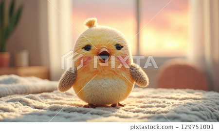 cute plush yellow chick toy with rosy cheeks on cozy blanket at sunset cute plush yellow chick toy with rosy cheeks on cozy blanket at sunset 129751001