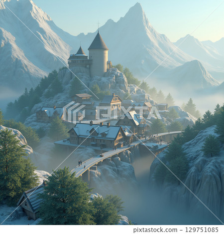 Village shrouded in mist 129751085