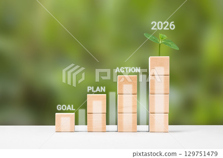 Business growth success achievement concept. Plan, goal and action to achieve success in 2026. Wooden blocks in form of graphical steps up and young green seedling of business growth process. 129751479