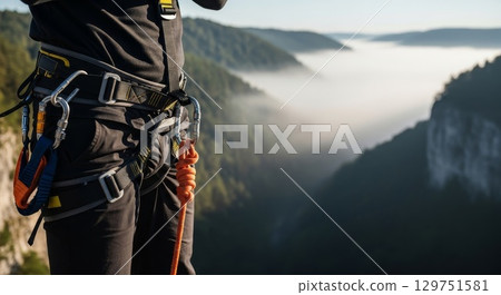 Professional climber with safety harness and equipment against mountain landscape 129751581