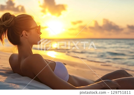 Tourist relaxing on the beach enjoying golden sunset over the ocean Tourist relaxing on the beach enjoying golden sunset over the ocean 129751811