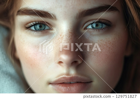 Close-up of teen girl showing beautiful green eyes and freckles 129751827