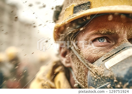 Rescue worker wearing protective gear during disaster relief efforts 129751924