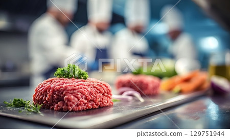 Professional chefs preparing gourmet dishes in kitchen Professional chefs preparing gourmet dishes in kitchen 129751944