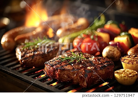Delicious grilled steaks, sausages, and vegetables cooking on barbecue grill 129751947