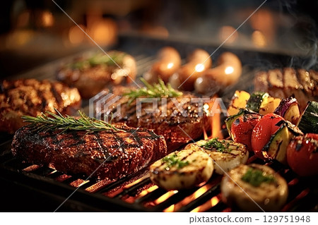 Delicious grilled steaks, sausages, and vegetables cooking on barbecue grill 129751948