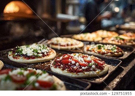 Delicious pizzas baking in a wood fired oven in a restaurant kitchen Delicious pizzas baking in a wood fired oven in a restaurant kitchen 129751955