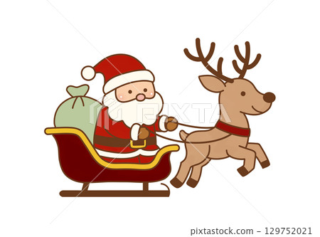 Illustration of Santa Claus and reindeer carrying Christmas presents on a sleigh Illustration of Santa Claus and reindeer carrying Christmas presents on a sleigh 129752021