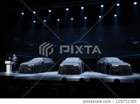 人工智慧生成的商業圖像：一家汽車製造商的執行長在新車發表會上發表演講 129752305