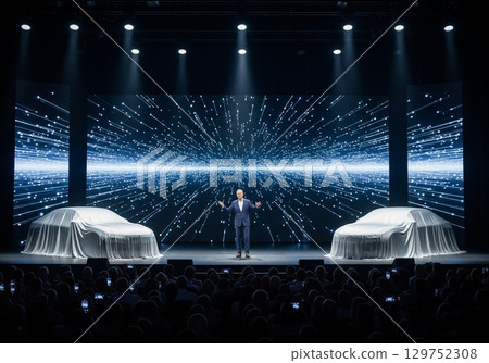 AI-generated business image: CEO of an automobile manufacturer giving a presentation at a new car launch event 129752308