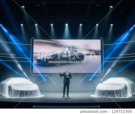 人工智慧生成的商業圖像：一家汽車製造商的執行長在新車發表會上發表演講 129752309