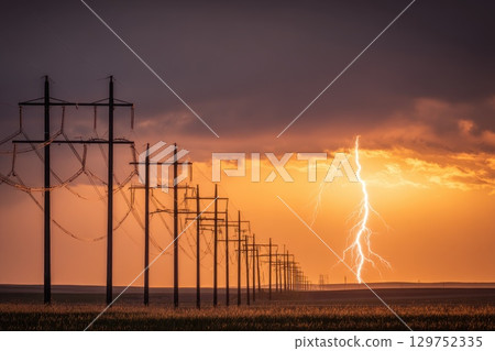 Atmospheric Silhouette of Pylons Framed by Dramatic Clouds and Lightning in the Background 129752335