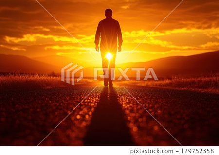 Person Walking on a Road at Sunset With Warm Light Behind Him in a Beautiful Scene Person Walking on a Road at Sunset With Warm Light Behind Him in a Beautiful Scene 129752358