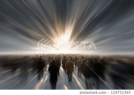 Conceptual Scene of Crowd Merging and Splitting in a Dramatic Light Burst Effect 129752365