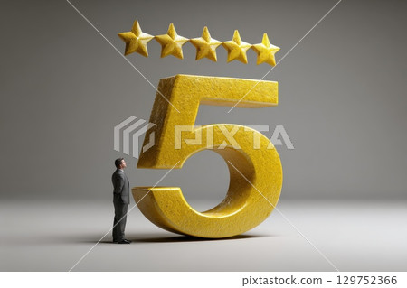 Businessman Standing Near Large Golden Five Stars Rating Symbol in Abstract Composition 129752366