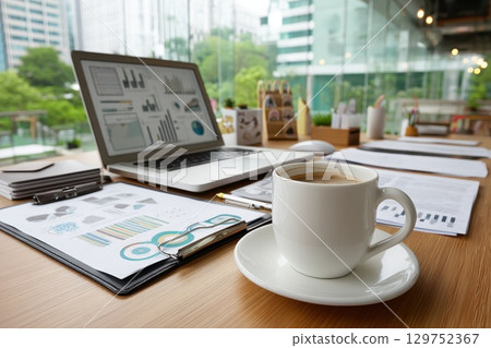 Top Down View of Open Laptop Displaying Financial Graphs at Modern Workspace with Coffee 129752367