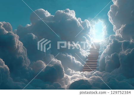 Bright Glowing Ladder Ascending Into the Sky Through Clouds with Light Breaking Through Bright Glowing Ladder Ascending Into the Sky Through Clouds with Light Breaking Through 129752384