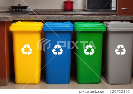 Neatly Arranged Waste Bins with Labels for Organic and Paper Disposal in Kitchen Setting Neatly Arranged Waste Bins with Labels for Organic and Paper Disposal in Kitchen Setting 129752395