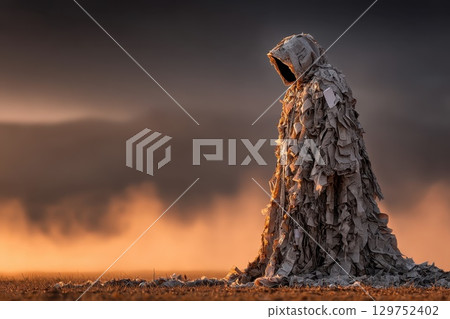 Eco-Themed Costume Made of Paper Trash Flows in a Mystical Landscape at Dusk 129752402