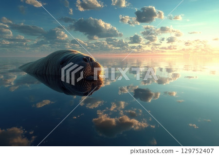 Sleepy Walrus Floating Calmly with Only Its Head Above Water in a Serene Ocean Scene Sleepy Walrus Floating Calmly with Only Its Head Above Water in a Serene Ocean Scene 129752407