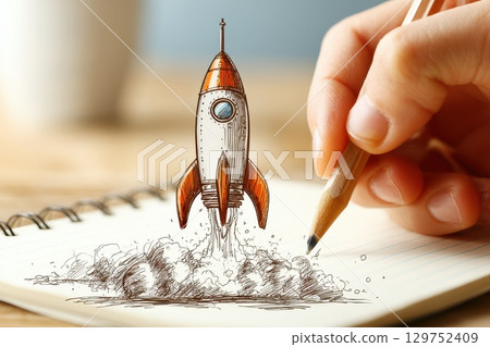 Close Up of Hand Sketching a Rocket on Notepad with Pencil and Coffee Cup in Soft Background Close Up of Hand Sketching a Rocket on Notepad with Pencil and Coffee Cup in Soft Background 129752409