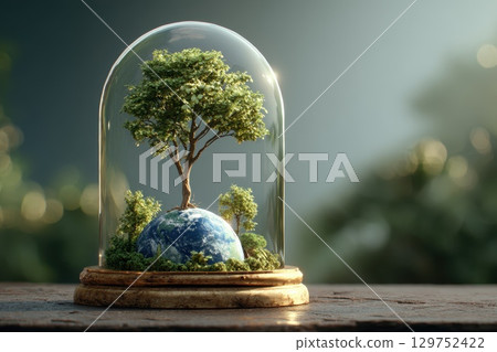 Enchanting Glass Dome with Miniature Earth and Tree Capturing Nature's Beauty and Serenity 129752422