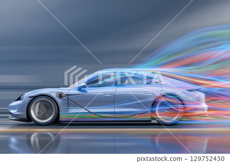 Electric Vehicle on Road with Animated Wind Patterns in a Dynamic Motion Scene 129752430