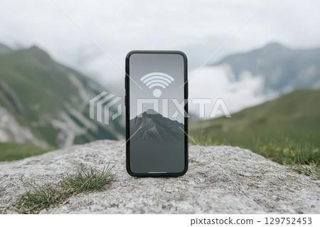 Futuristic Concept of Transparent Phone Display on a Mountainous Background with Wireless Symbol 129752453