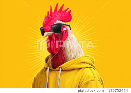 A chicken wearing sunglasses and a yellow hoodie 129752454