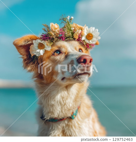 Playful Dog Wearing Flower Crown by the Beach in Summer with Bright Blue Sky 129752463