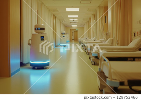 Robotic Nurses Moving Efficiently Through Modern Hospital Corridor 129752466