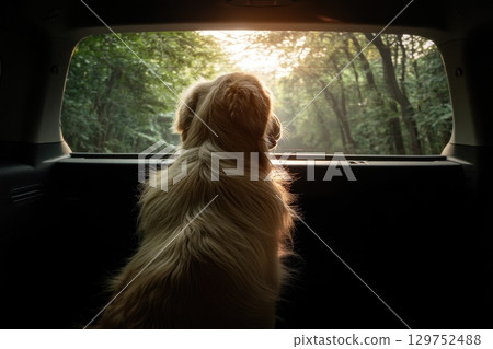Dog Enjoying Nature Views from the Trunk of a Car During a Scenic Journey Dog Enjoying Nature Views from the Trunk of a Car During a Scenic Journey 129752488