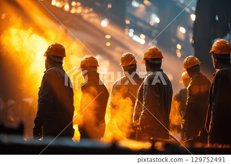 Group of Diverse Workers Wearing Safety Helmets in Industrial Setting with Warm Light Display Group of Diverse Workers Wearing Safety Helmets in Industrial Setting with Warm Light Display 129752491