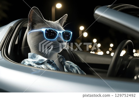 Futuristic Robotic Cat in Neon Blue Sunglasses Driving at Night in a Sporty Car Futuristic Robotic Cat in Neon Blue Sunglasses Driving at Night in a Sporty Car 129752492