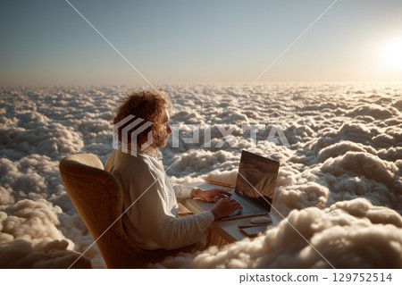 Serene Futuristic Workspace Above the Clouds with Focused Individual at a Desk Using Laptop 129752514