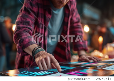 Data Scientist Pointing at Innovative Digital Graphs in a Modern Analytical Environment Data Scientist Pointing at Innovative Digital Graphs in a Modern Analytical Environment 129752515