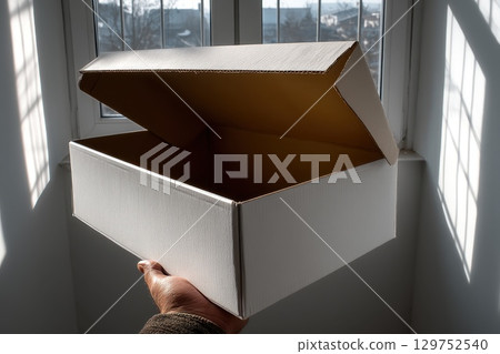 Hand Holding an Empty White Box Against a Bright Window with Soft Light Touching It Hand Holding an Empty White Box Against a Bright Window with Soft Light Touching It 129752540