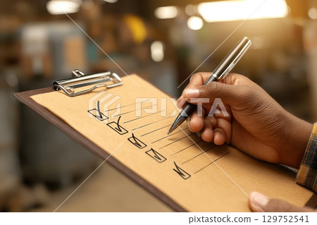 HR Manager Evaluating Checklist with Clipboard and Pen in a Professional Setting HR Manager Evaluating Checklist with Clipboard and Pen in a Professional Setting 129752541