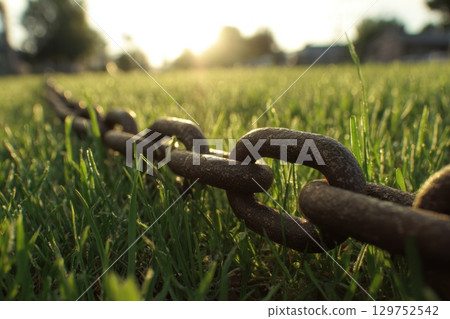 Close-Up of Snapped Metal Chains Lying in Half on Grass Under Natural Lighting Close-Up of Snapped Metal Chains Lying in Half on Grass Under Natural Lighting 129752542