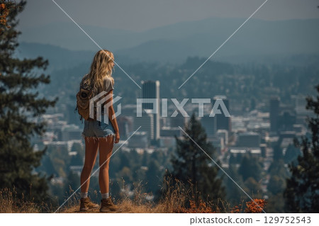 Urban Hiker Standing on Scenic Overlook with City View and Green Landscape in Background Urban Hiker Standing on Scenic Overlook with City View and Green Landscape in Background 129752543