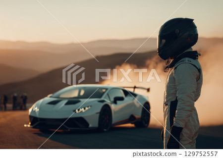 Driver in Racing Suit Gazing at Horizon with Sports Car on Racetrack at Sunset View 129752557