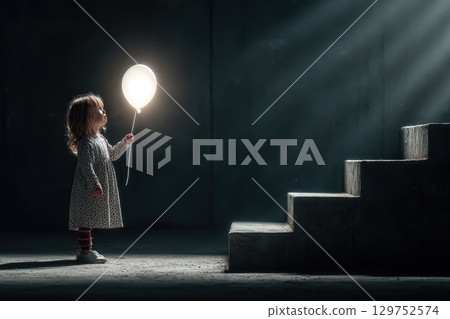 Young Child Reaching for a Floating Glowing Balloon in a Dark Environment Young Child Reaching for a Floating Glowing Balloon in a Dark Environment 129752574