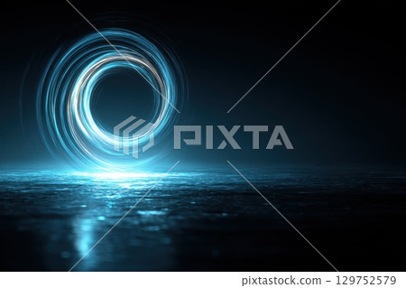 Futuristic Tunnel with Spiraling Glowing Light Beams in a Dark Environment 129752579