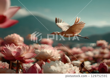 Graceful Crane Running Across a Shimmering Field of Lotus Flowers in Beautiful Landscape 129752591