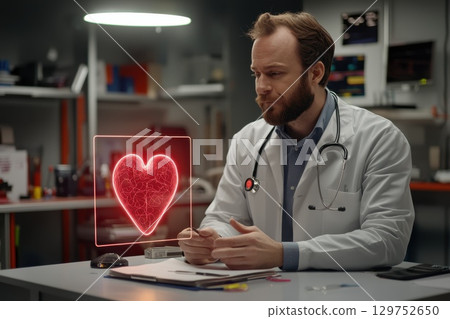 High-Tech Concept of Digital Twin Visualized in Medical Environment with Heart Focus 129752650