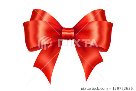 Shiny Red satin ribbon on white background. Vector Christmas gift, valentines day, birthday wrapping element 129752686