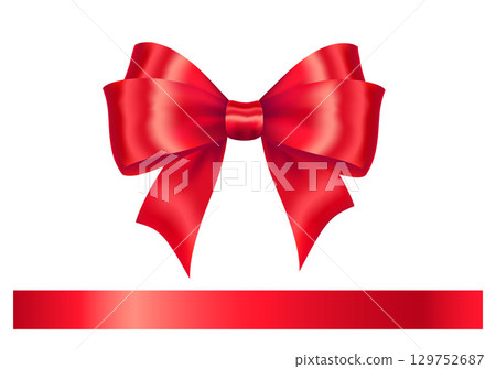 Shiny Red satin ribbon on white background. Vector Christmas gift, valentines day, birthday wrapping element 129752687