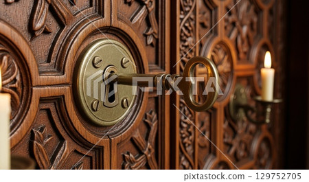 Ornate Brass Key in Carved Wooden Door Lock with Candlelight 129752705