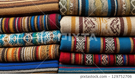 Stack of Traditional Colorful Woven Textiles and Rugs 129752706