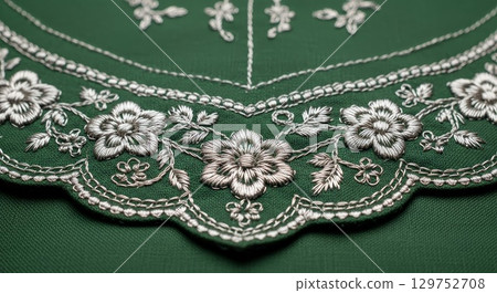 Traditional Green Fabric with Intricate White Floral Embroidery Detail 129752708